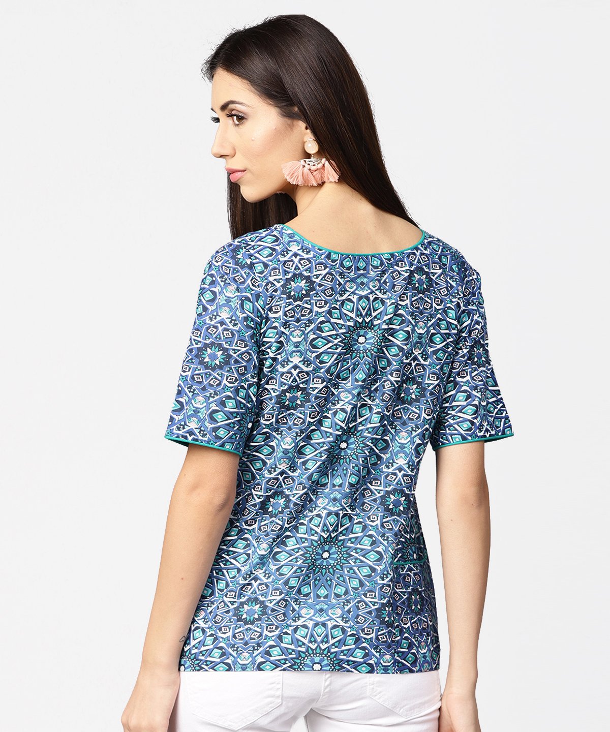 Blue Printed Half Sleeve Cotton Crop Tops | LASVINI - Redefining Indian Fashion with Elegance