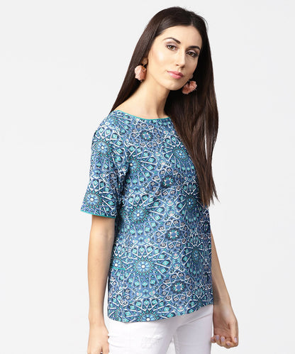 Blue Printed Half Sleeve Cotton Crop Tops | LASVINI - Redefining Indian Fashion with Elegance