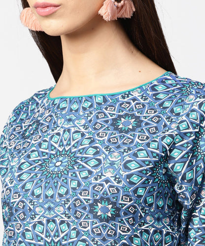 Blue Printed Half Sleeve Cotton Crop Tops | LASVINI - Redefining Indian Fashion with Elegance