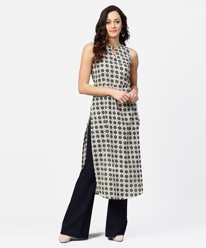 Off White Printed Sleeveless Long Kurta | LASVINI - Redefining Indian Fashion with Elegance