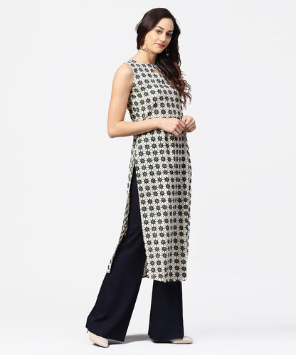 Off White Printed Sleeveless Long Kurta | LASVINI - Redefining Indian Fashion with Elegance