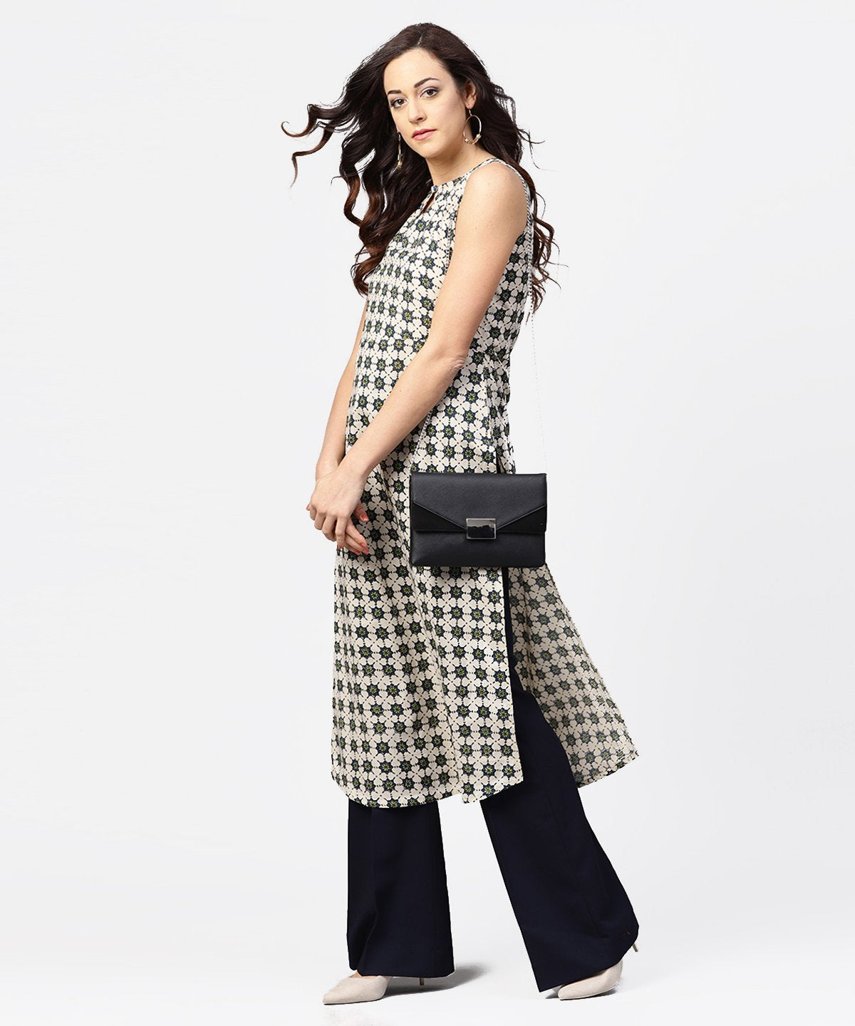 Off White Printed Sleeveless Long Kurta | LASVINI - Redefining Indian Fashion with Elegance