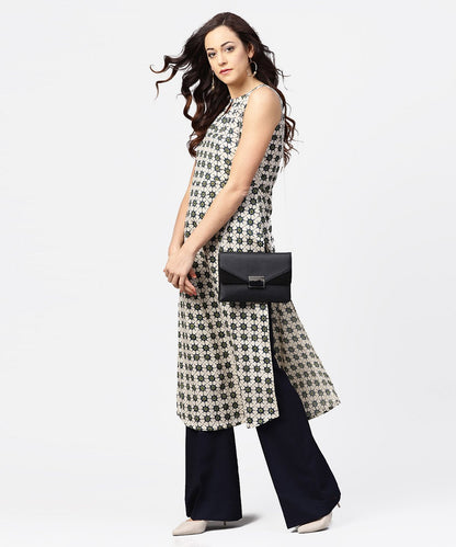 Off White Printed Sleeveless Long Kurta | LASVINI - Redefining Indian Fashion with Elegance