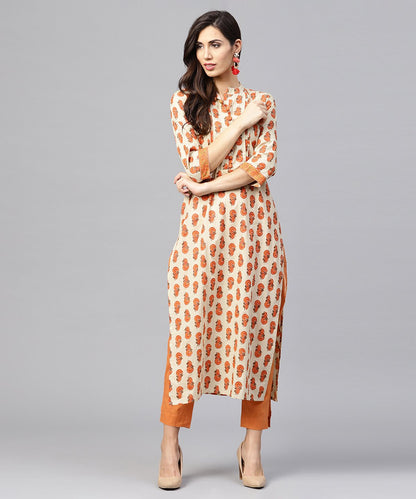 Off White Printed 3/4Th Sleeve Cotton Straight Kurta | LASVINI - Redefining Indian Fashion with Elegance