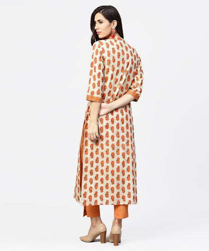 Off White Printed 3/4Th Sleeve Cotton Straight Kurta | LASVINI - Redefining Indian Fashion with Elegance