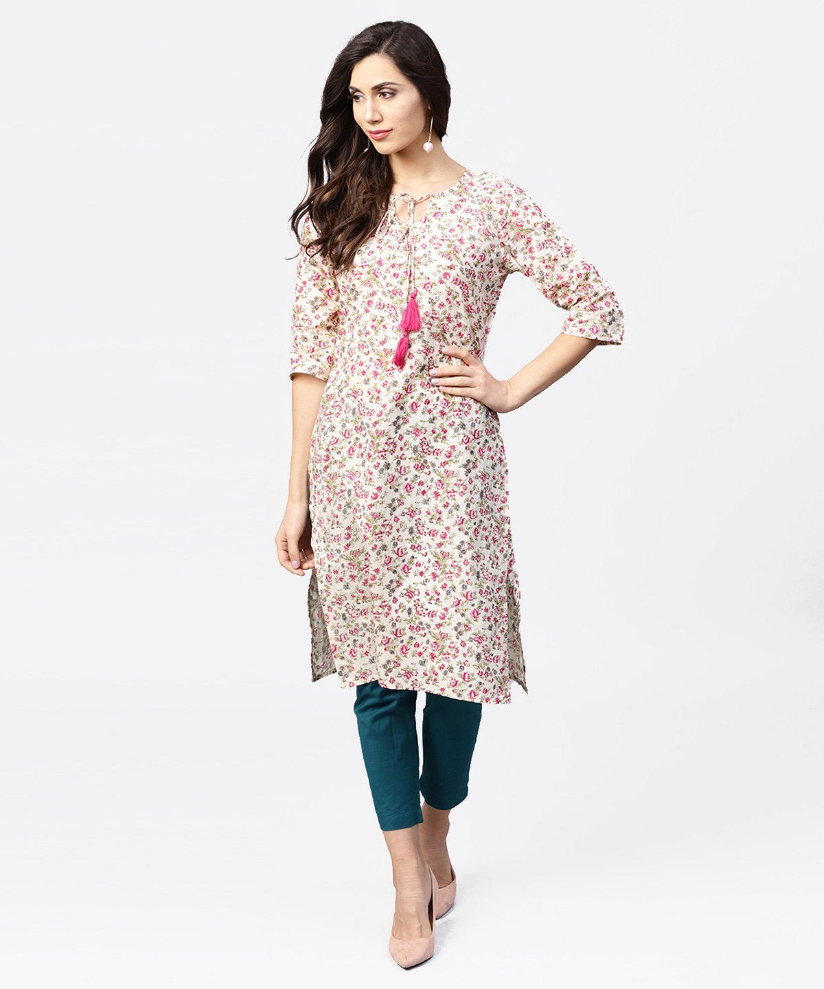 Peach Printed 3/4Th Sleeve Cotton Kurta With Dori Work At Yoke | LASVINI - Redefining Indian Fashion with Elegance