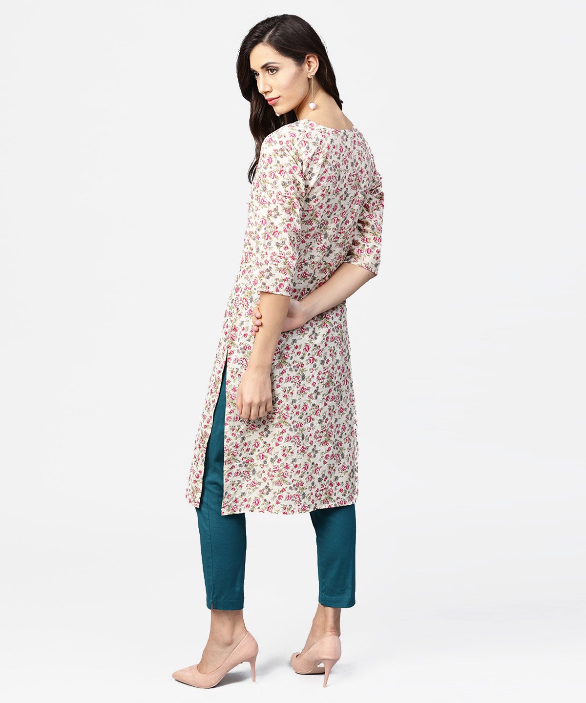 Peach Printed 3/4Th Sleeve Cotton Kurta With Dori Work At Yoke | LASVINI - Redefining Indian Fashion with Elegance