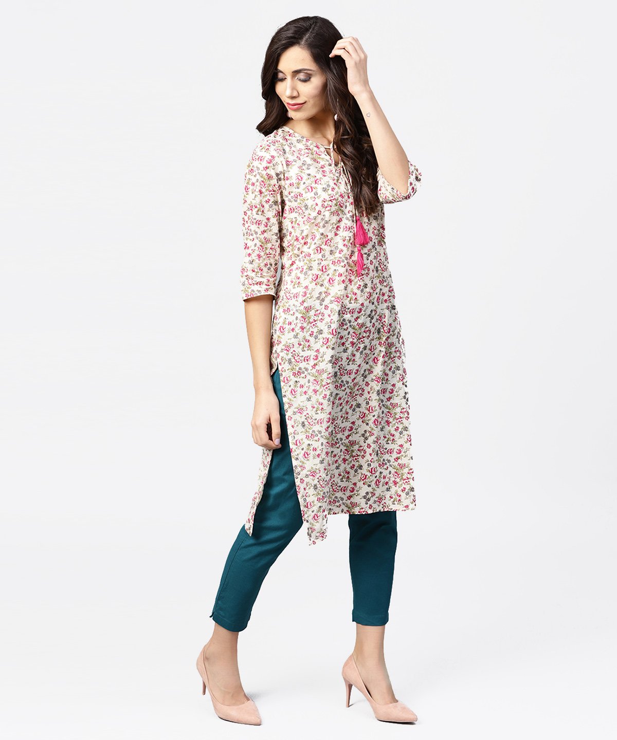 Peach Printed 3/4Th Sleeve Cotton Kurta With Dori Work At Yoke | LASVINI - Redefining Indian Fashion with Elegance