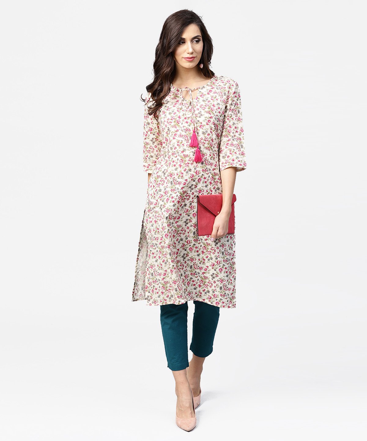 Peach Printed 3/4Th Sleeve Cotton Kurta With Dori Work At Yoke | LASVINI - Redefining Indian Fashion with Elegance