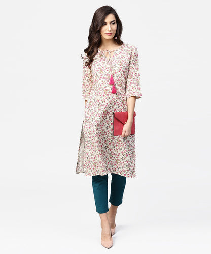 Peach Printed 3/4Th Sleeve Cotton Kurta With Dori Work At Yoke | LASVINI - Redefining Indian Fashion with Elegance