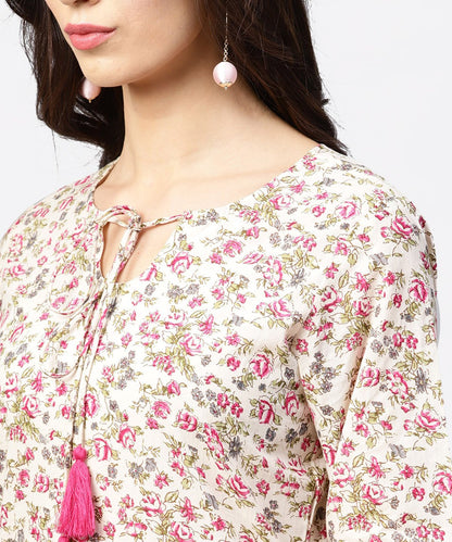 Peach Printed 3/4Th Sleeve Cotton Kurta With Dori Work At Yoke | LASVINI - Redefining Indian Fashion with Elegance