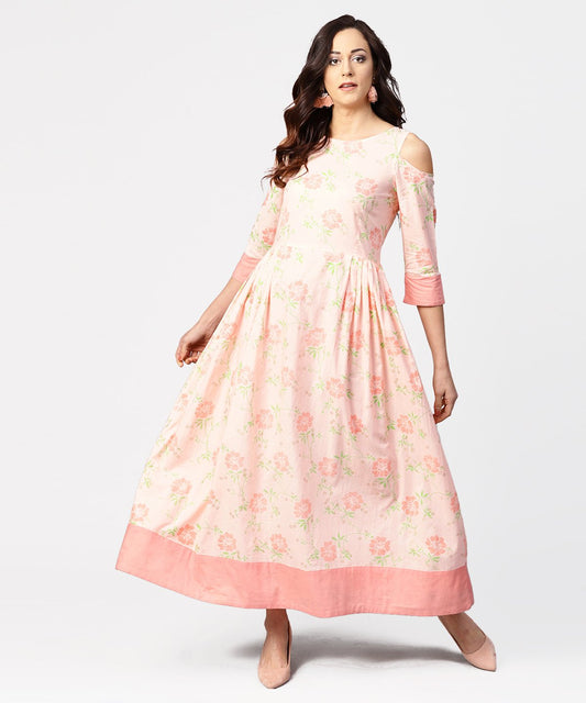 Peach Printed 3/4Th Cold Shoulder Sleeve Maxi Dress | LASVINI - Redefining Indian Fashion with Elegance