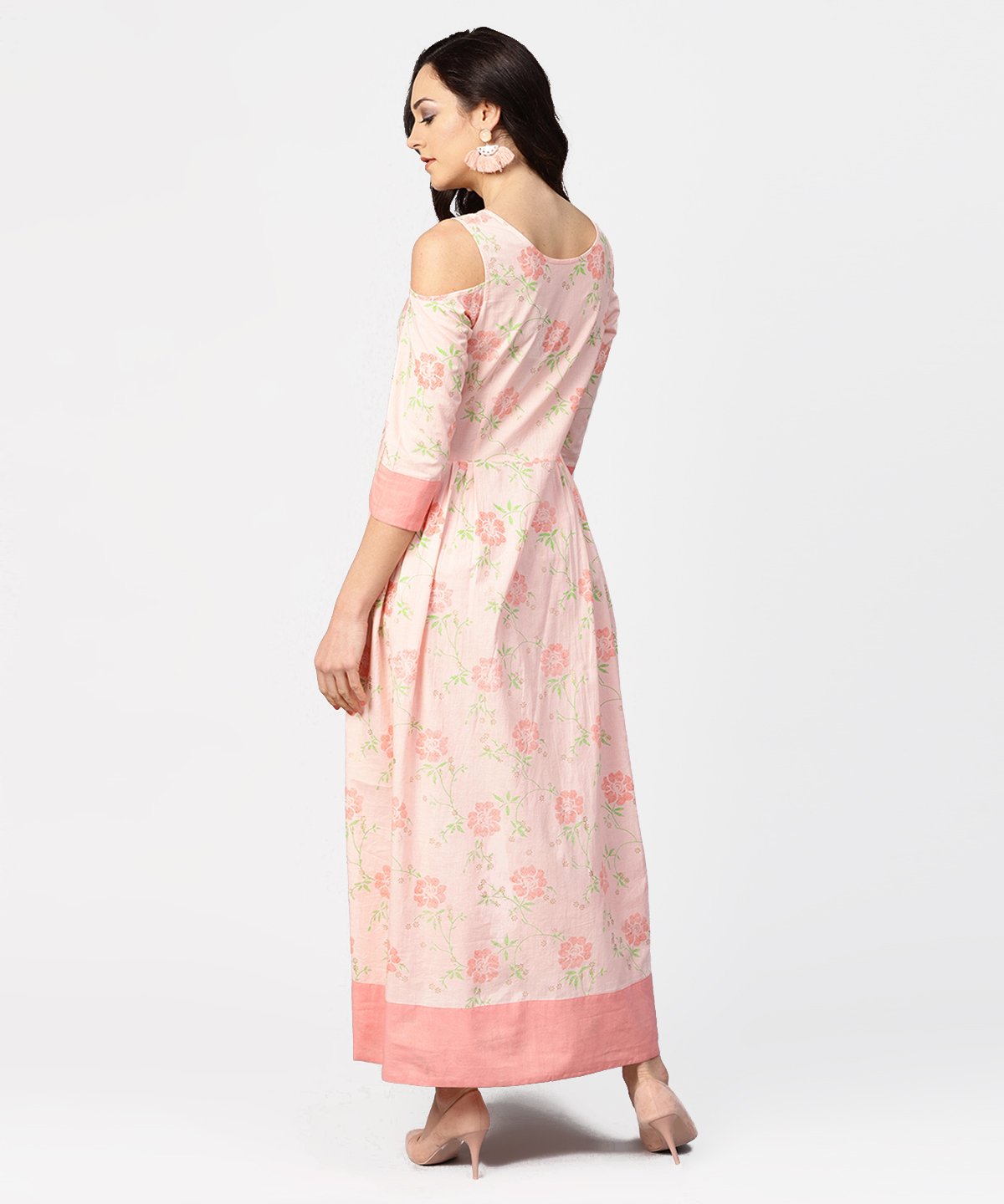 Peach Printed 3/4Th Cold Shoulder Sleeve Maxi Dress | LASVINI - Redefining Indian Fashion with Elegance