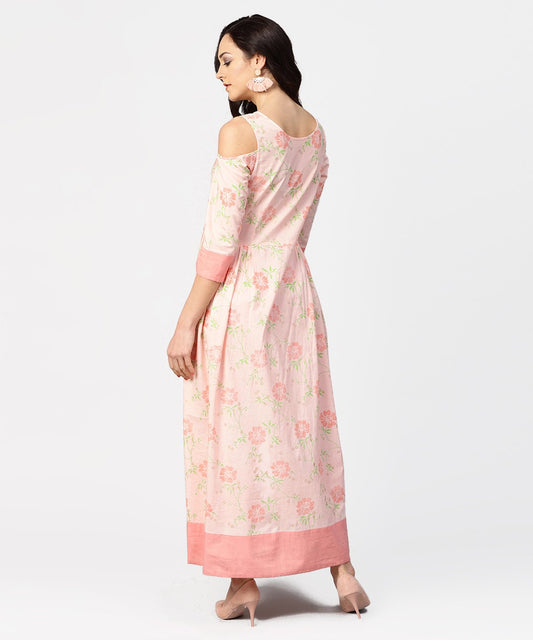 Peach Printed 3/4Th Cold Shoulder Sleeve Maxi Dress | LASVINI - Redefining Indian Fashion with Elegance