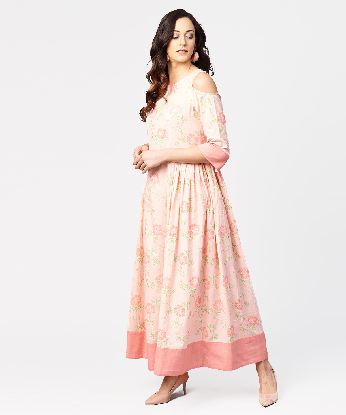 Peach Printed 3/4Th Cold Shoulder Sleeve Maxi Dress | LASVINI - Redefining Indian Fashion with Elegance