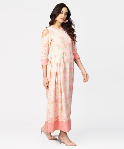 Peach Printed 3/4Th Cold Shoulder Sleeve Maxi Dress | LASVINI - Redefining Indian Fashion with Elegance
