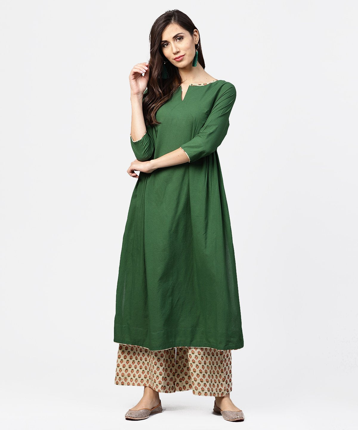 Solid Green 3/4Th Sleeve Side Gathering Cotton Kurta With Printed Pallazo | LASVINI - Redefining Indian Fashion with Elegance