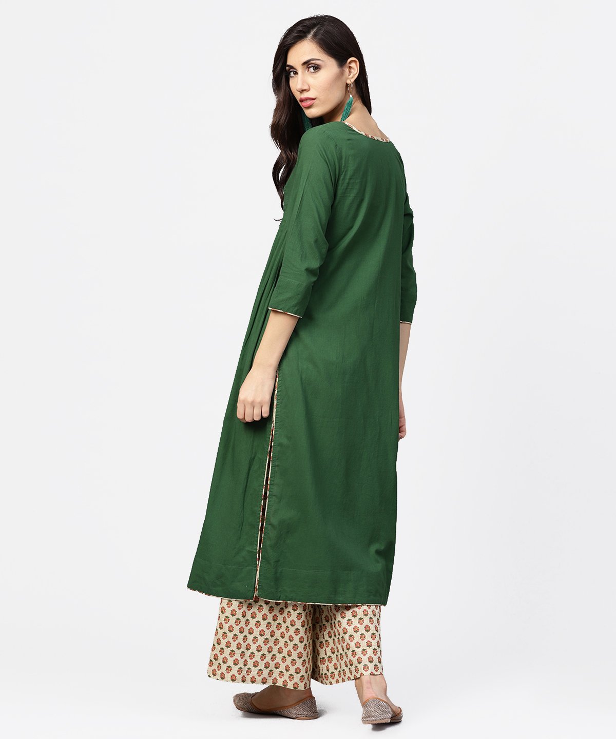 Solid Green 3/4Th Sleeve Side Gathering Cotton Kurta With Printed Pallazo | LASVINI - Redefining Indian Fashion with Elegance