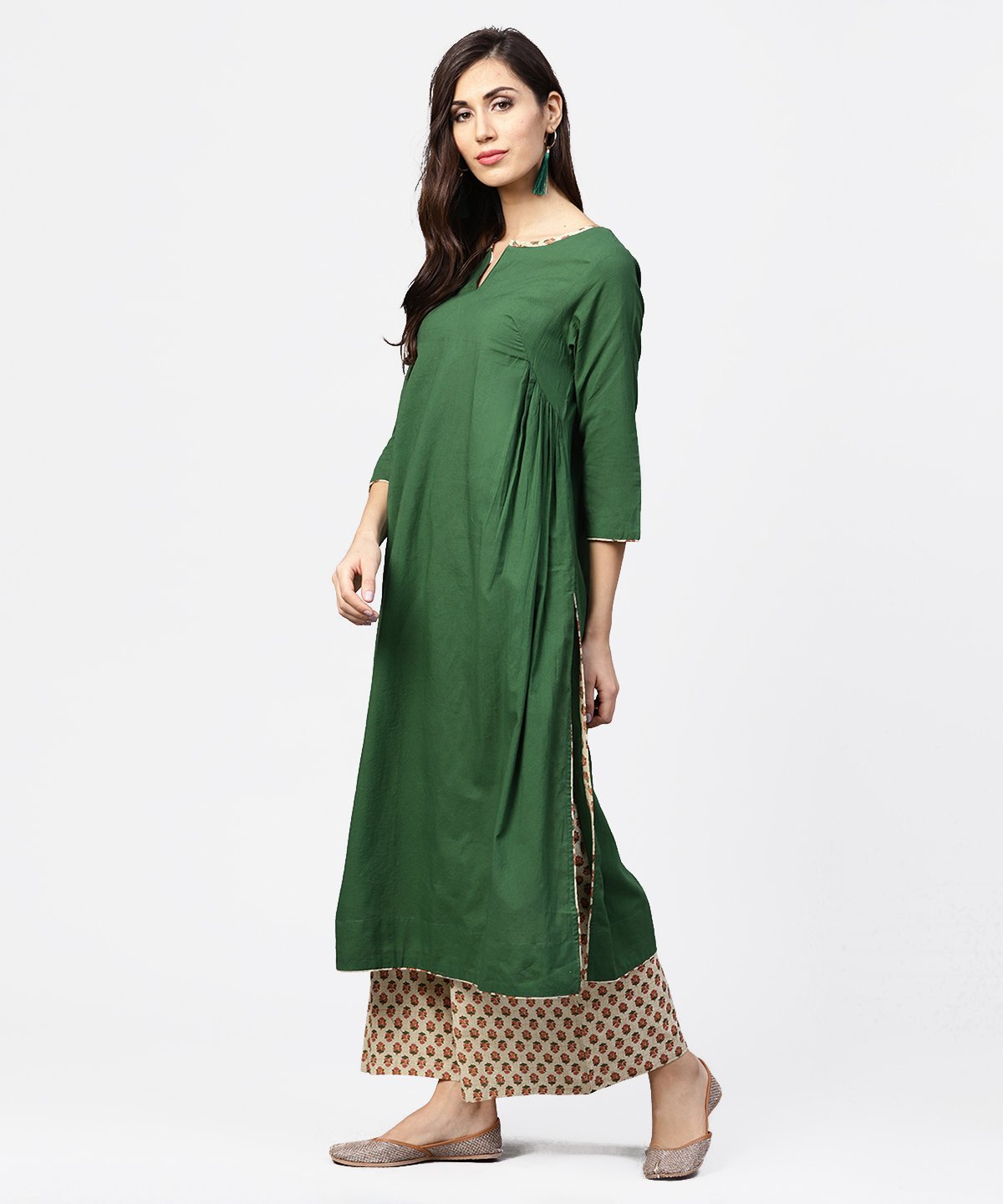 Solid Green 3/4Th Sleeve Side Gathering Cotton Kurta With Printed Pallazo | LASVINI - Redefining Indian Fashion with Elegance