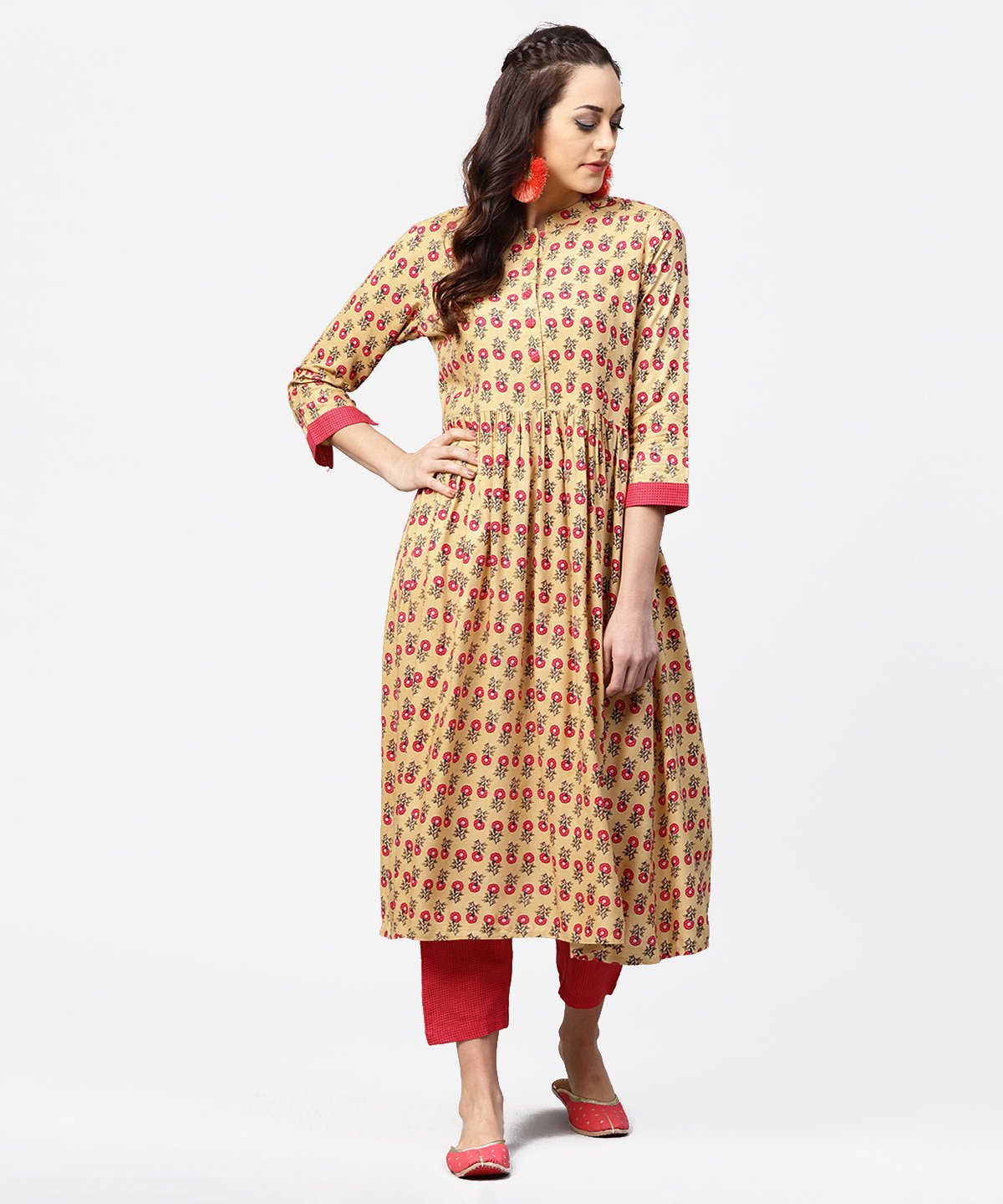 Yellow 3/4Th Sleeve Printed Cotton Anarkali Kurta With Pink Pant | LASVINI - Redefining Indian Fashion with Elegance