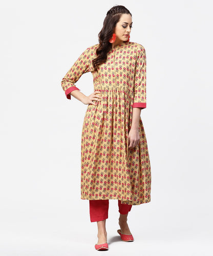 Yellow 3/4Th Sleeve Printed Cotton Anarkali Kurta With Pink Pant | LASVINI - Redefining Indian Fashion with Elegance