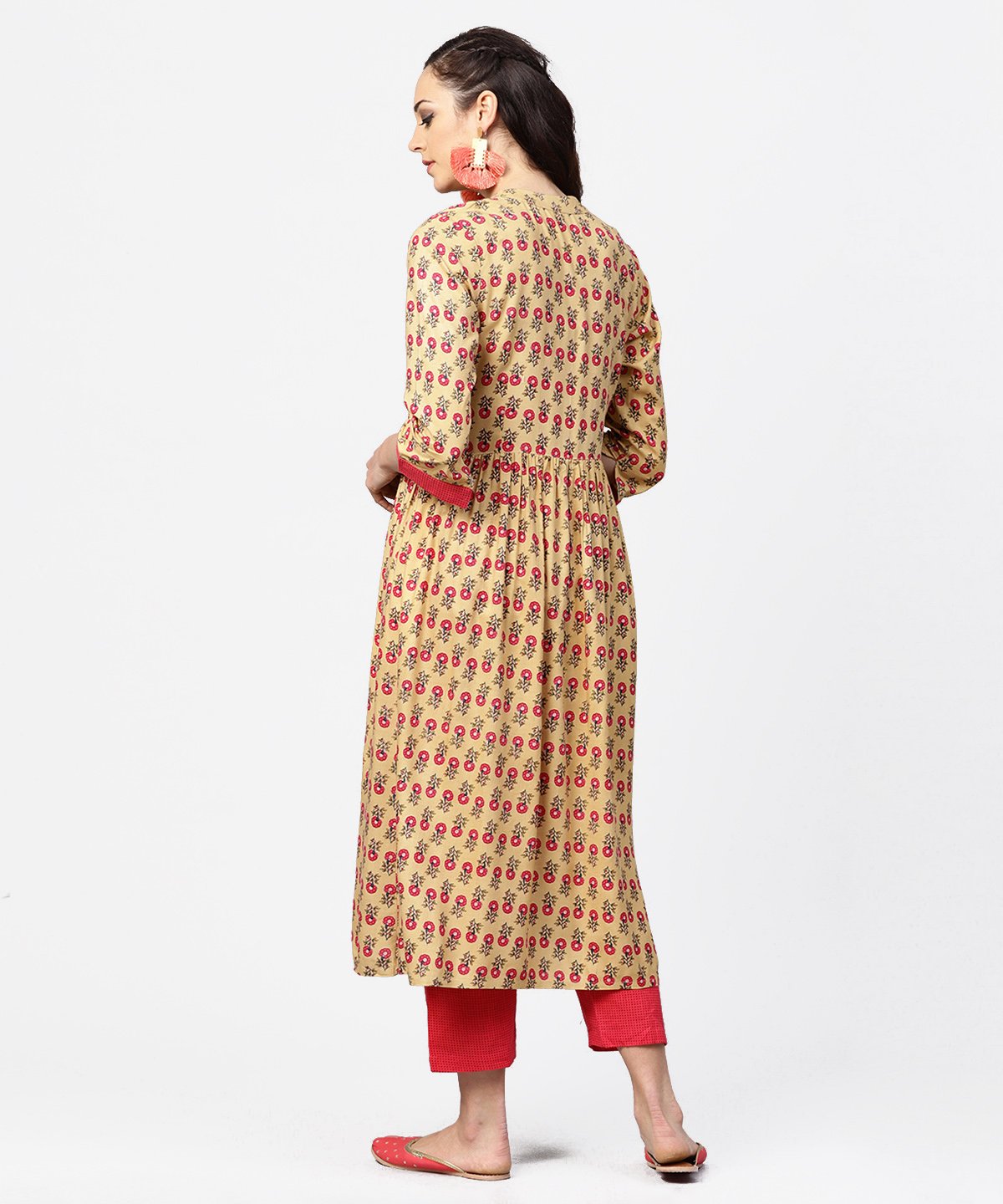 Yellow 3/4Th Sleeve Printed Cotton Anarkali Kurta With Pink Pant | LASVINI - Redefining Indian Fashion with Elegance