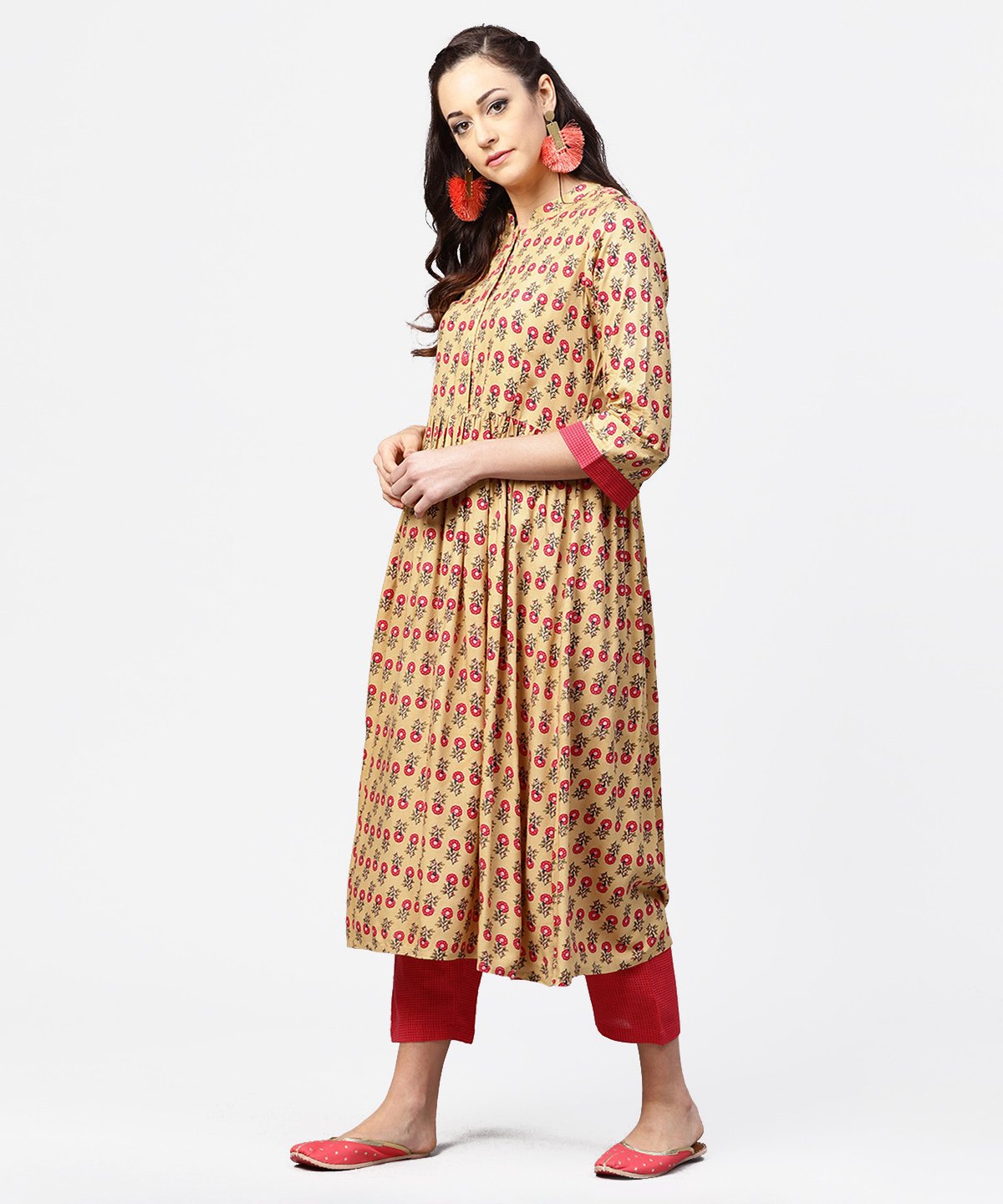 Yellow 3/4Th Sleeve Printed Cotton Anarkali Kurta With Pink Pant | LASVINI - Redefining Indian Fashion with Elegance