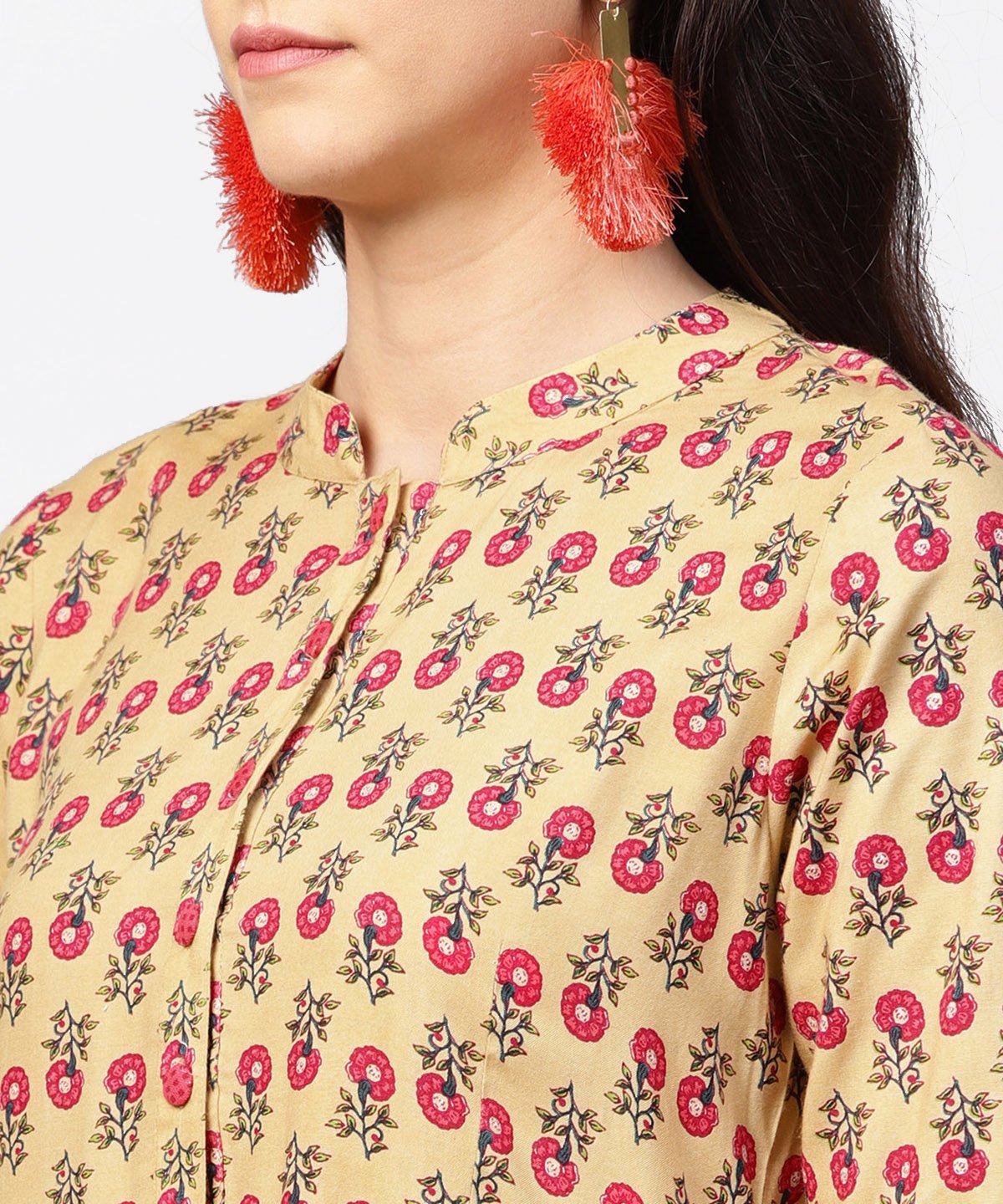 Yellow 3/4Th Sleeve Printed Cotton Anarkali Kurta With Pink Pant | LASVINI - Redefining Indian Fashion with Elegance