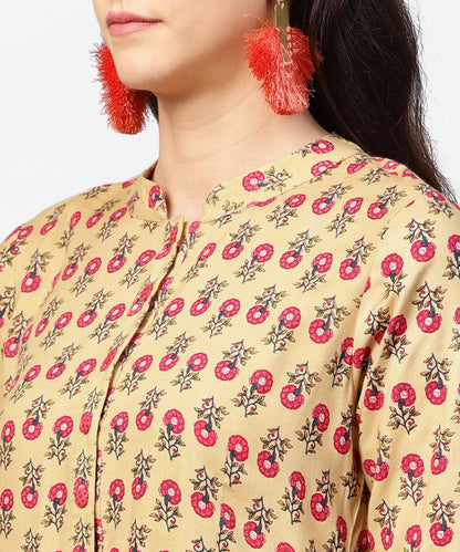 Yellow 3/4Th Sleeve Printed Cotton Anarkali Kurta With Pink Pant | LASVINI - Redefining Indian Fashion with Elegance