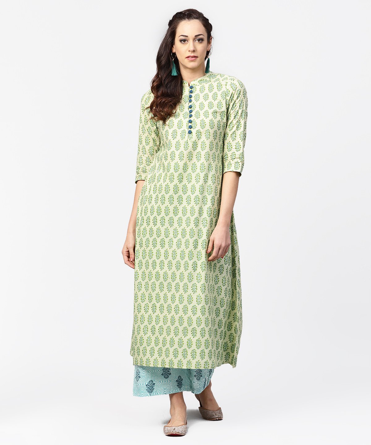 Green Printed 3/4Th Sleeve A-Line Cotton Kurta With Blue Printed Pallzo | LASVINI - Redefining Indian Fashion with Elegance