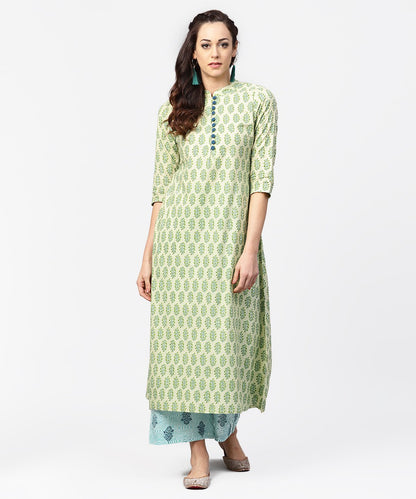 Green Printed 3/4Th Sleeve A-Line Cotton Kurta With Blue Printed Pallzo | LASVINI - Redefining Indian Fashion with Elegance