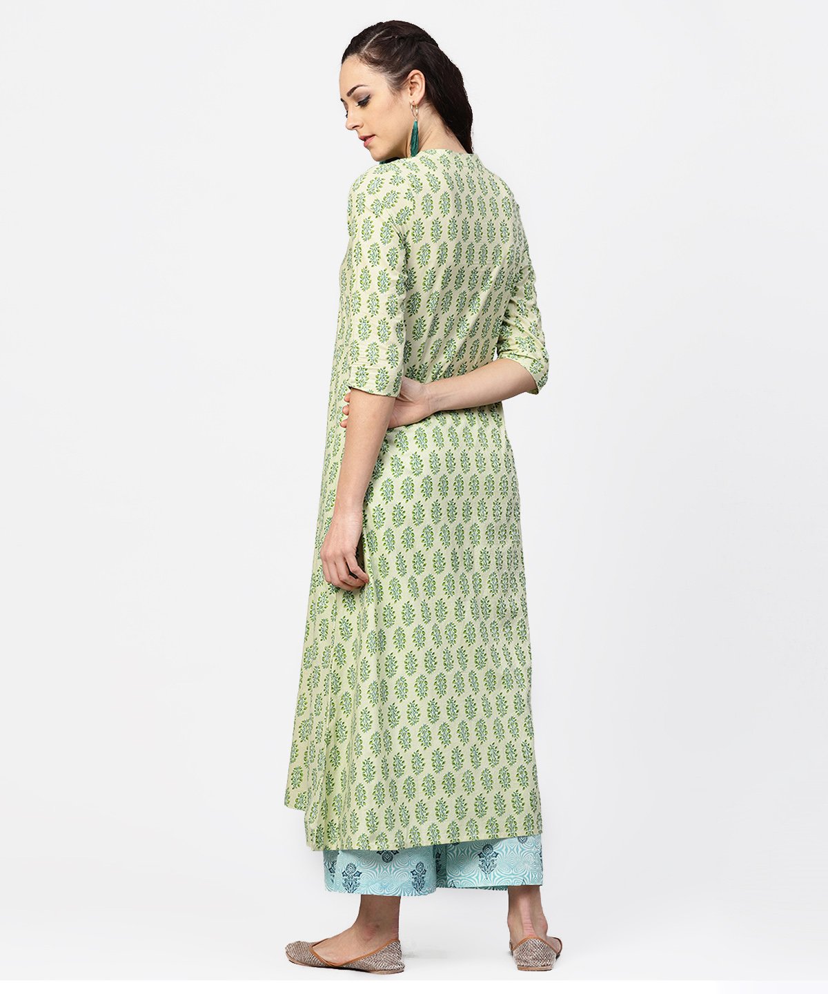 Green Printed 3/4Th Sleeve A-Line Cotton Kurta With Blue Printed Pallzo | LASVINI - Redefining Indian Fashion with Elegance