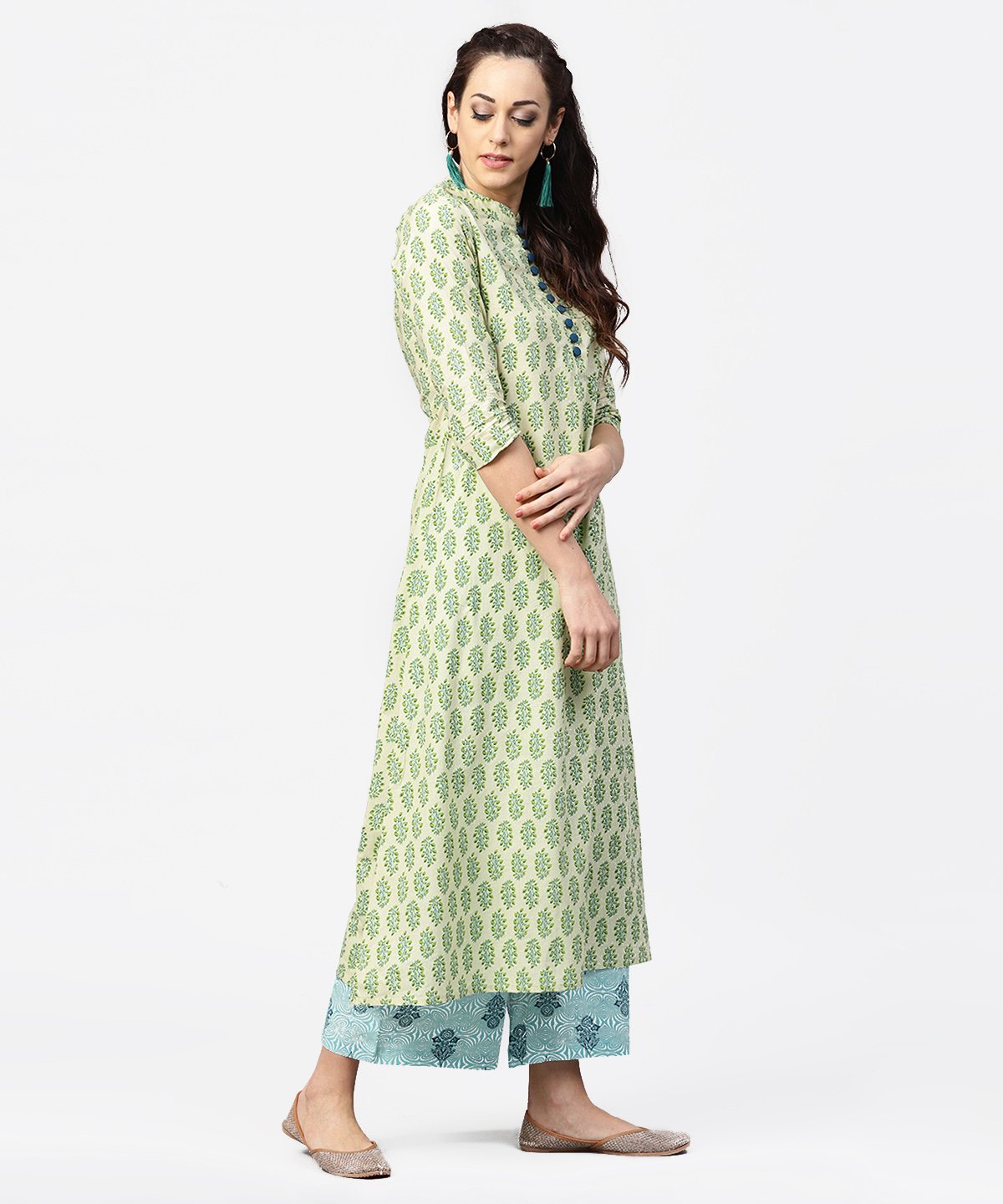 Green Printed 3/4Th Sleeve A-Line Cotton Kurta With Blue Printed Pallzo | LASVINI - Redefining Indian Fashion with Elegance