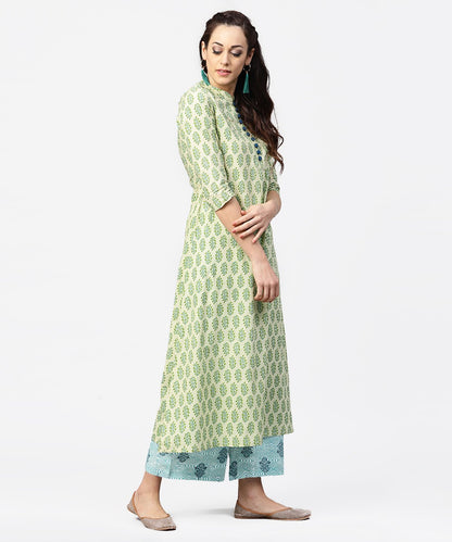 Green Printed 3/4Th Sleeve A-Line Cotton Kurta With Blue Printed Pallzo | LASVINI - Redefining Indian Fashion with Elegance