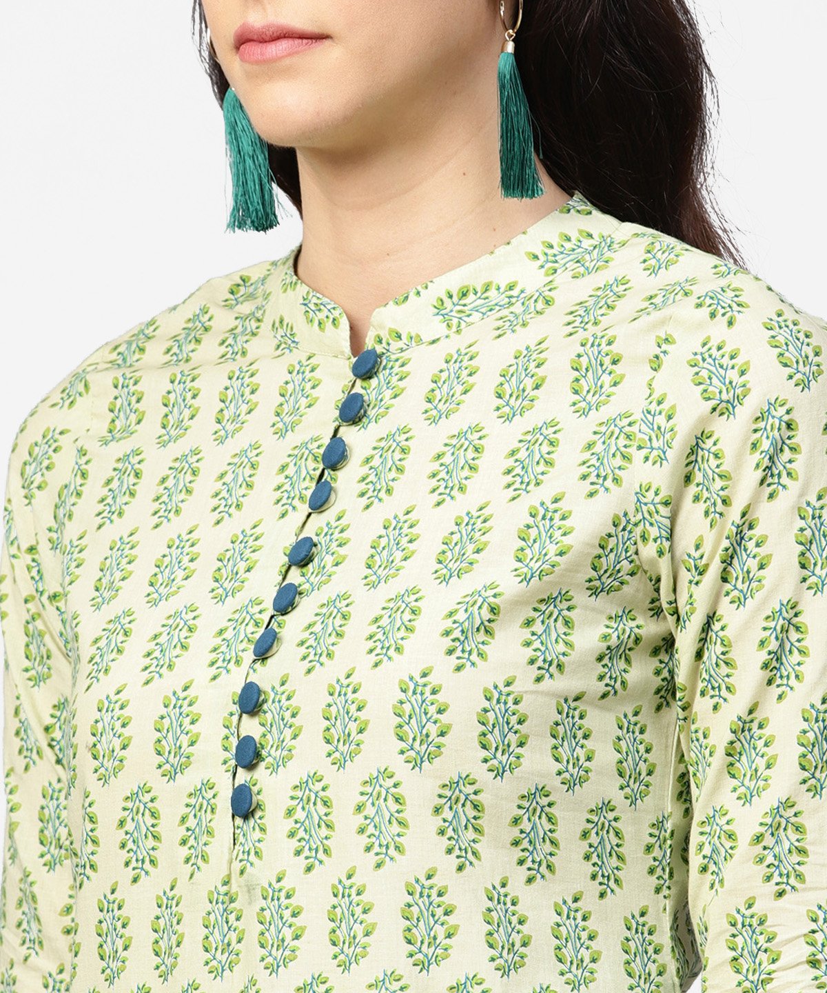 Green Printed 3/4Th Sleeve A-Line Cotton Kurta With Blue Printed Pallzo | LASVINI - Redefining Indian Fashion with Elegance