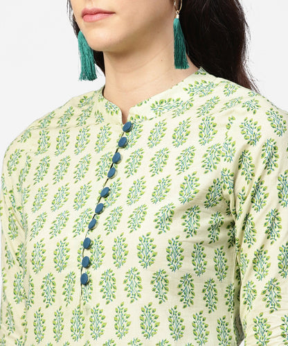 Green Printed 3/4Th Sleeve A-Line Cotton Kurta With Blue Printed Pallzo | LASVINI - Redefining Indian Fashion with Elegance