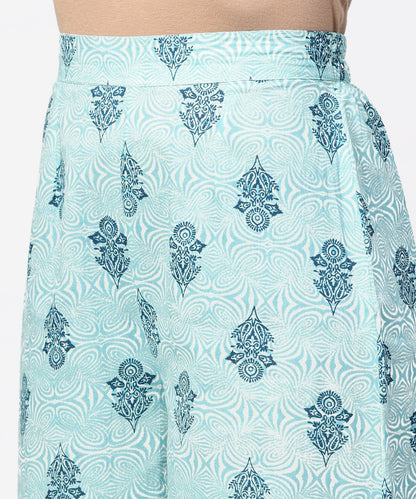 Green Printed 3/4Th Sleeve A-Line Cotton Kurta With Blue Printed Pallzo | LASVINI - Redefining Indian Fashion with Elegance