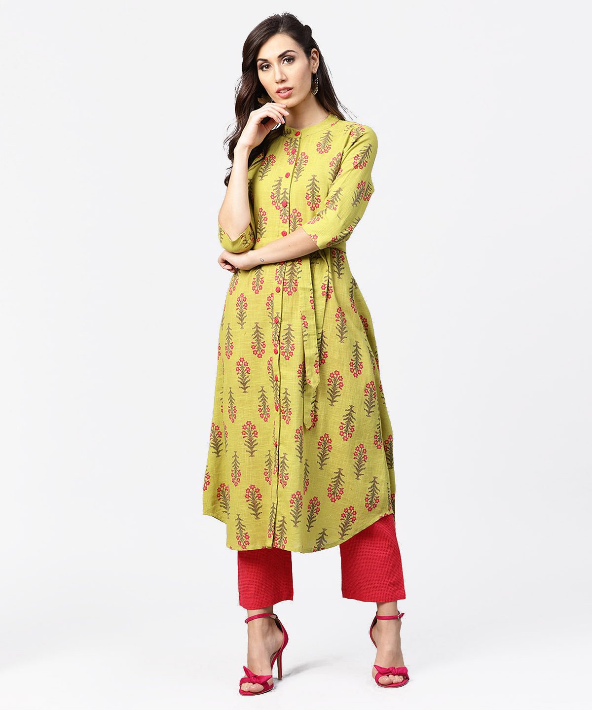 Light Green Printed 3/4Th Sleeve Cotton Assymetric Kurta With Pink Pallazo | LASVINI - Redefining Indian Fashion with Elegance