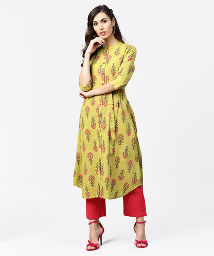 Light Green Printed 3/4Th Sleeve Cotton Assymetric Kurta With Pink Pallazo | LASVINI - Redefining Indian Fashion with Elegance
