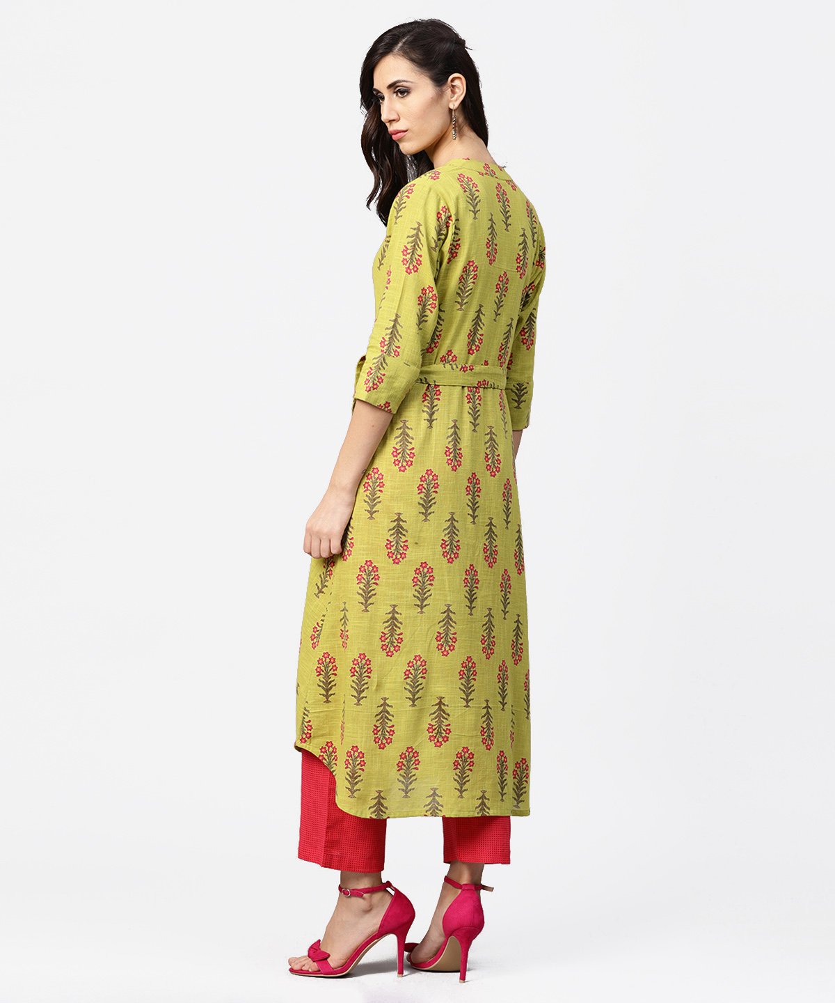 Light Green Printed 3/4Th Sleeve Cotton Assymetric Kurta With Pink Pallazo | LASVINI - Redefining Indian Fashion with Elegance