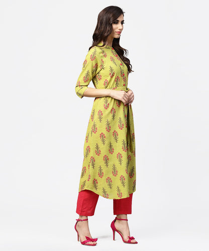Light Green Printed 3/4Th Sleeve Cotton Assymetric Kurta With Pink Pallazo | LASVINI - Redefining Indian Fashion with Elegance