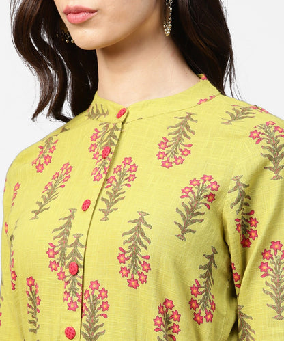Light Green Printed 3/4Th Sleeve Cotton Assymetric Kurta With Pink Pallazo | LASVINI - Redefining Indian Fashion with Elegance