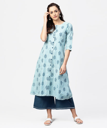 Light Blue Printed 3/4Th Sleeve Cotton A-Line Front Slit Kurta With Navy Blue Pallazo | LASVINI - Redefining Indian Fashion with Elegance