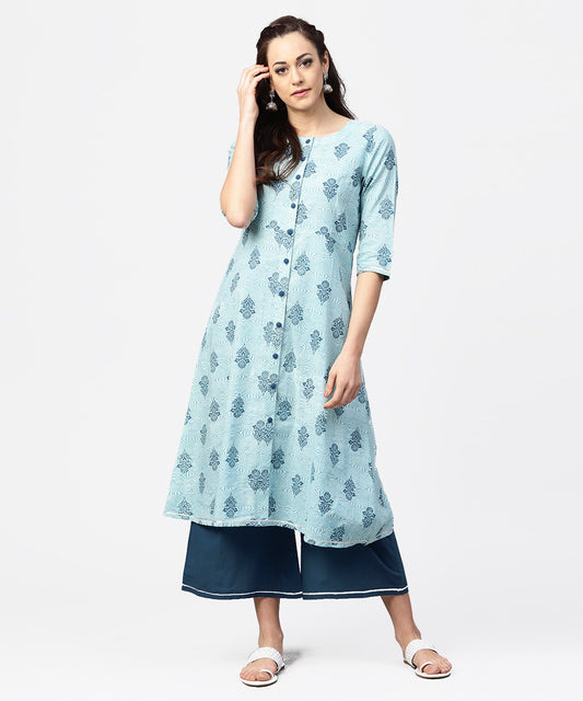 Light Blue Printed 3/4Th Sleeve Cotton A-Line Front Slit Kurta With Navy Blue Pallazo | LASVINI - Redefining Indian Fashion with Elegance