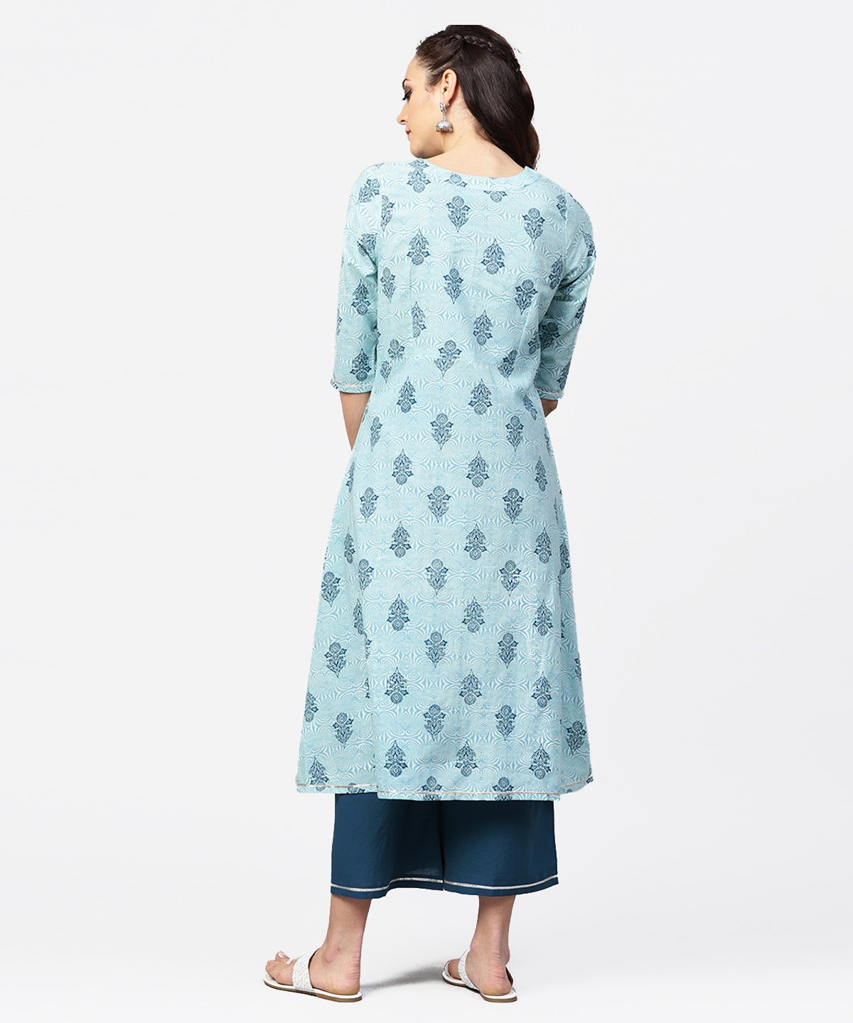 Light Blue Printed 3/4Th Sleeve Cotton A-Line Front Slit Kurta With Navy Blue Pallazo | LASVINI - Redefining Indian Fashion with Elegance