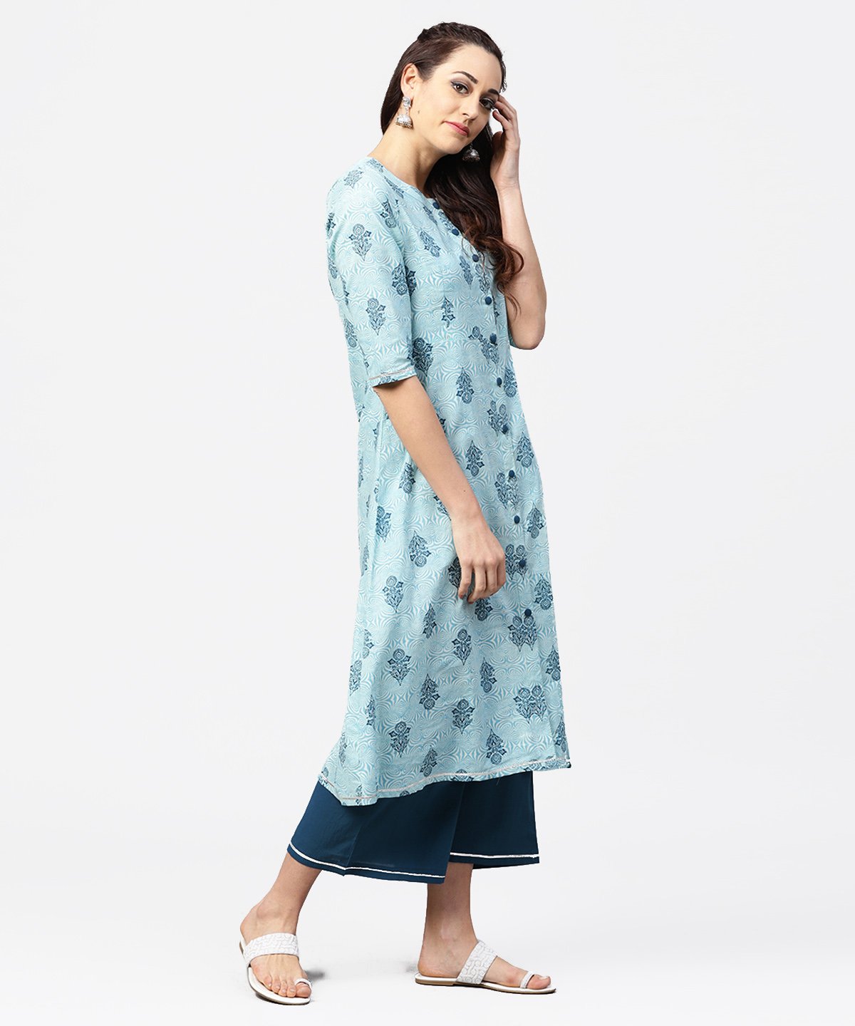 Light Blue Printed 3/4Th Sleeve Cotton A-Line Front Slit Kurta With Navy Blue Pallazo | LASVINI - Redefining Indian Fashion with Elegance