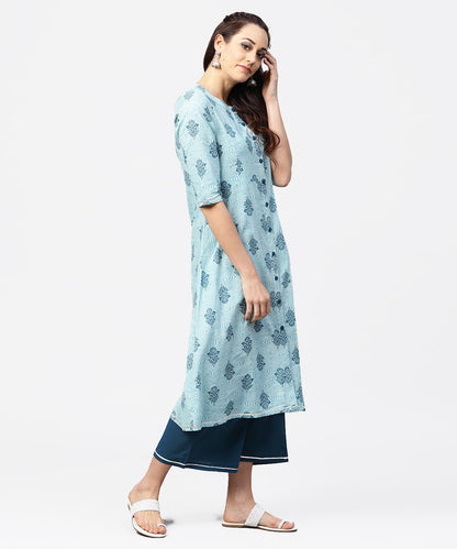 Light Blue Printed 3/4Th Sleeve Cotton A-Line Front Slit Kurta With Navy Blue Pallazo | LASVINI - Redefining Indian Fashion with Elegance