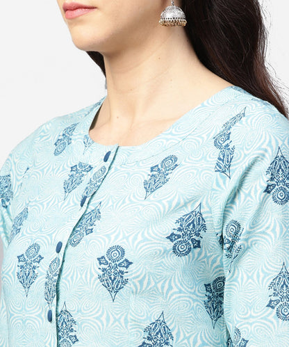 Light Blue Printed 3/4Th Sleeve Cotton A-Line Front Slit Kurta With Navy Blue Pallazo | LASVINI - Redefining Indian Fashion with Elegance