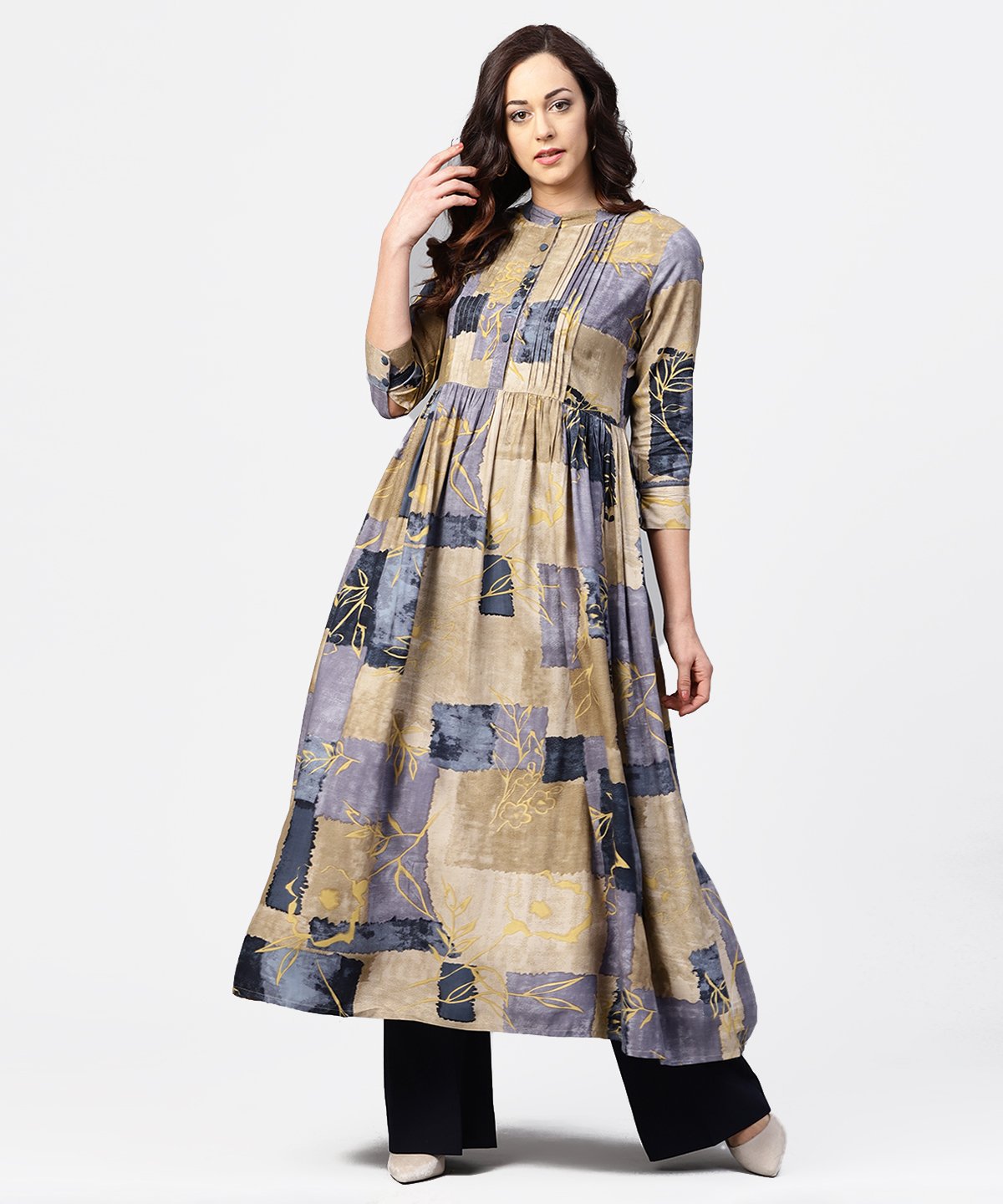 Blue & Beige Printed 3/4Th Sleeve Cotton Anarkali Kurta With Pleat Work In Yoke | LASVINI - Redefining Indian Fashion with Elegance