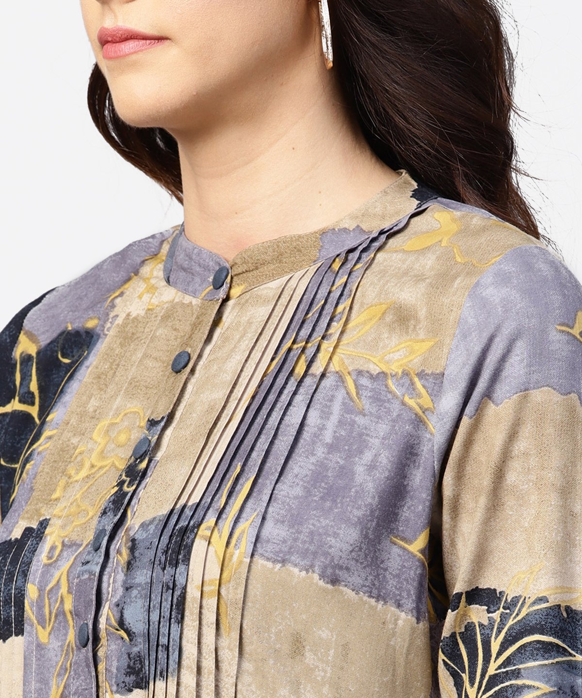 Blue & Beige Printed 3/4Th Sleeve Cotton Anarkali Kurta With Pleat Work In Yoke | LASVINI - Redefining Indian Fashion with Elegance